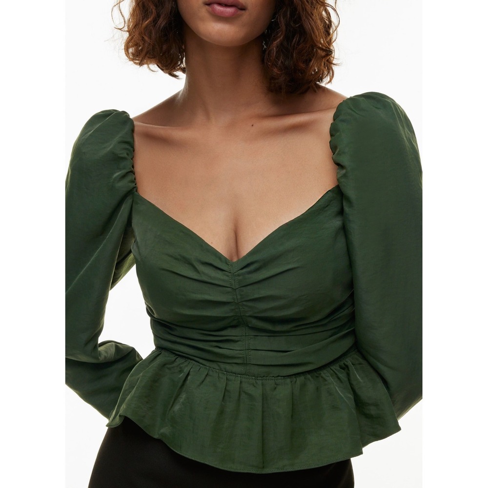 Wilfred Aritzia Green Puff Sleeve Peplum Top Sweetheart Smocked Back Blouse S
